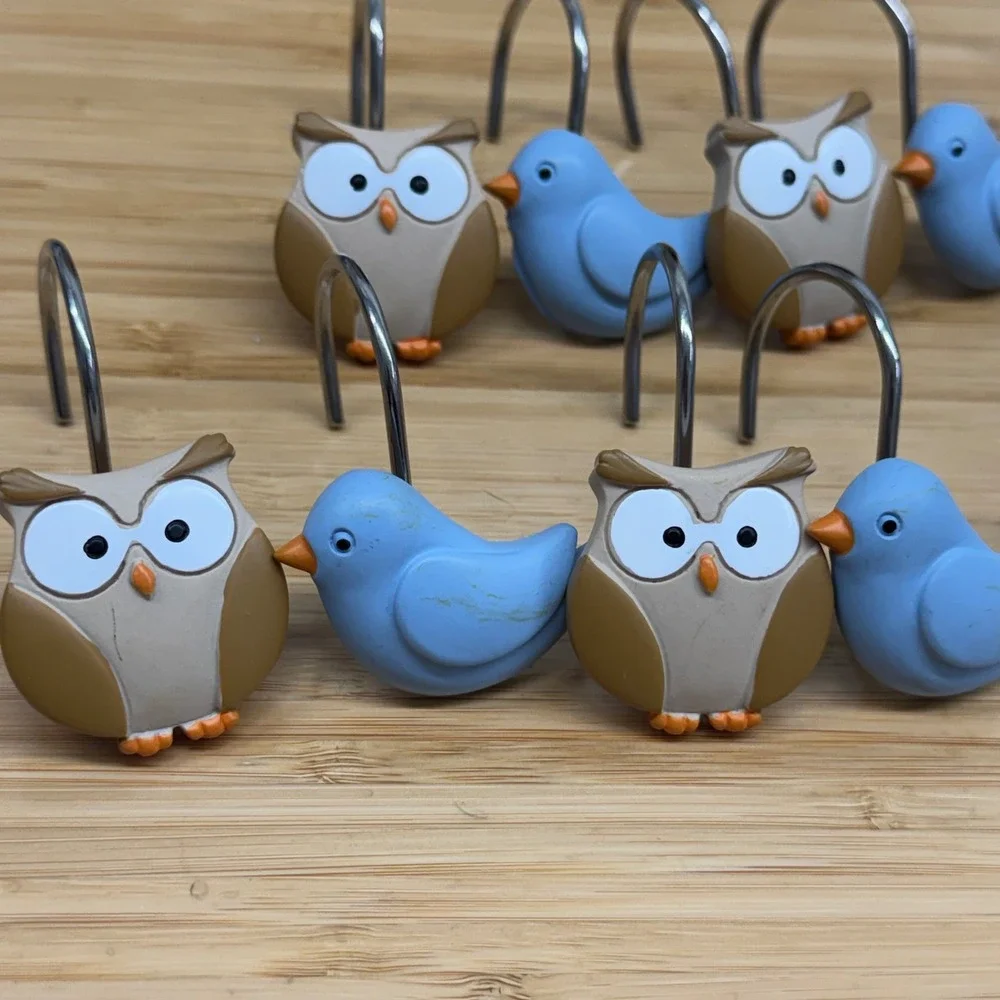 Owl and Blue Bird Shower Curtain Hooks Set of 12‎ Woodland Resin Kids Bathroom